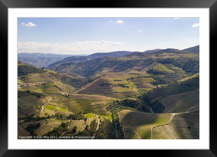 Douro river wine valley region drone aerial view, in Portugal Framed Mounted Print by Luis Pina