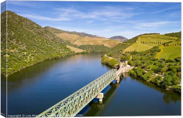 Douro railway bridge drone aerial view of river wine region in Ferradosa, Portugal Canvas Print by Luis Pina