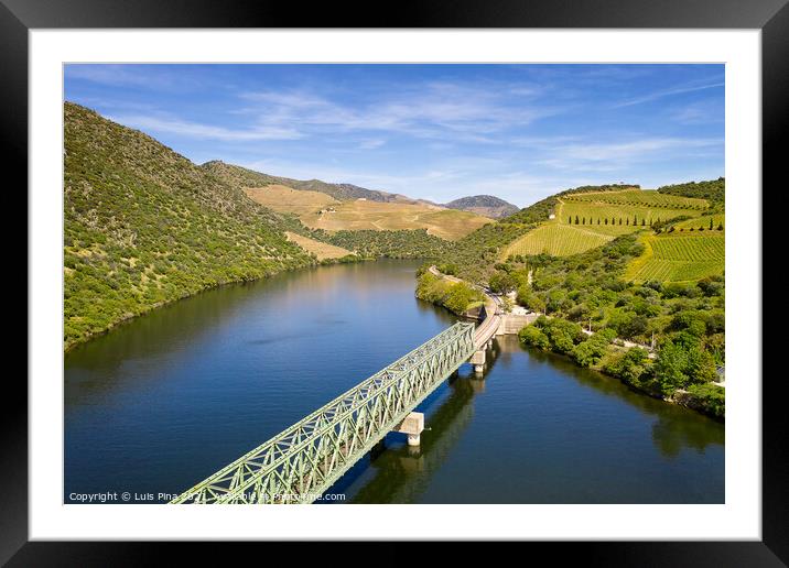 Douro railway bridge drone aerial view of river wine region in Ferradosa, Portugal Framed Mounted Print by Luis Pina