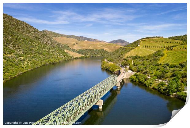 Douro railway bridge drone aerial view of river wine region in Ferradosa, Portugal Print by Luis Pina