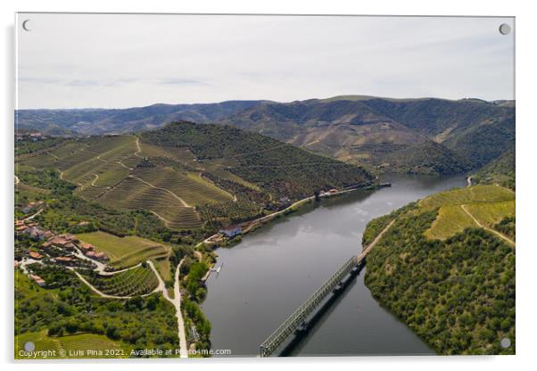 Douro railway bridge drone aerial view of river wine region in Ferradosa, Portugal Acrylic by Luis Pina