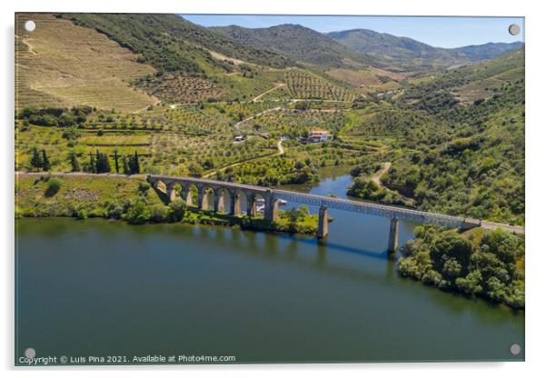 Bridge drone view like Harry Potter movie in Douro River Region, in Portugal Acrylic by Luis Pina