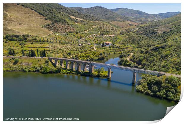 Bridge drone view like Harry Potter movie in Douro River Region, in Portugal Print by Luis Pina