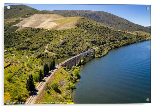 Bridge drone view like Harry Potter movie in Douro River Region, in Portugal Acrylic by Luis Pina