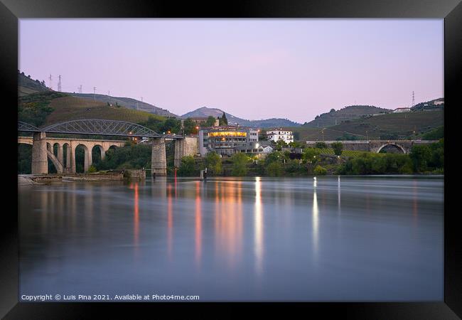 Peso da regua with Douro river at sunset, in Portugal Framed Print by Luis Pina