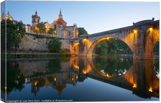 Amarante church view with Sao Goncalo bridge at sunset, in Portugal Canvas Print by Luis Pina