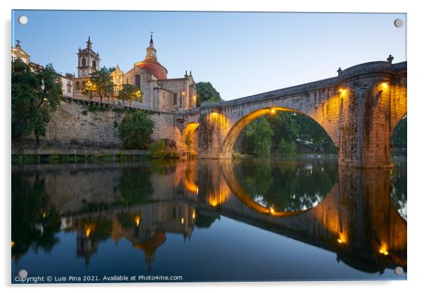 Amarante church view with Sao Goncalo bridge at sunset, in Portugal Acrylic by Luis Pina