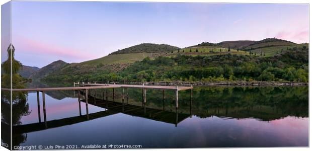 Douro river wine region vineyard panorama landscape at sunset in Foz Tua, Portugal Canvas Print by Luis Pina