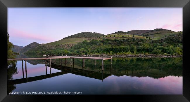 Douro river wine region vineyard panorama landscape at sunset in Foz Tua, Portugal Framed Print by Luis Pina