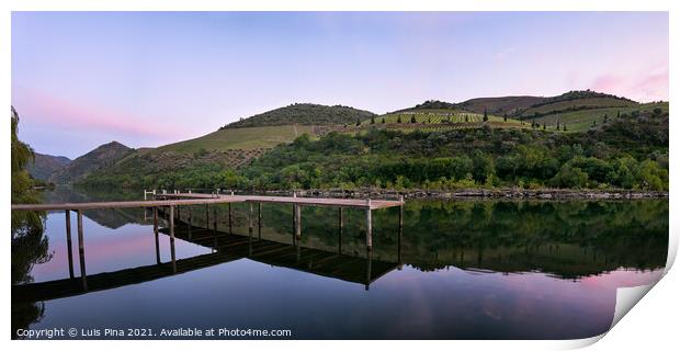 Douro river wine region vineyard panorama landscape at sunset in Foz Tua, Portugal Print by Luis Pina