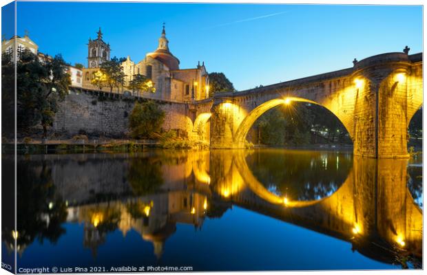 Amarante church view with Sao Goncalo bridge at night, in Portugal Canvas Print by Luis Pina