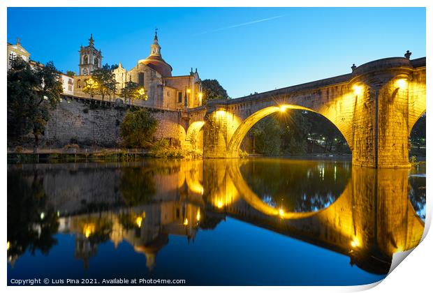 Amarante church view with Sao Goncalo bridge at night, in Portugal Print by Luis Pina