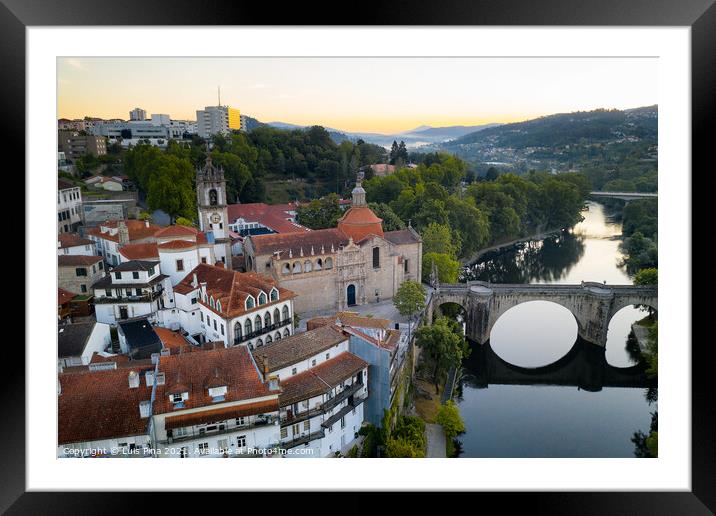 Amarante drone aerial view with beautiful church and bridge in Portugal at sunrise Framed Mounted Print by Luis Pina