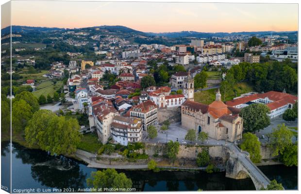 Amarante drone aerial view with beautiful church and bridge in Portugal at sunrise Canvas Print by Luis Pina
