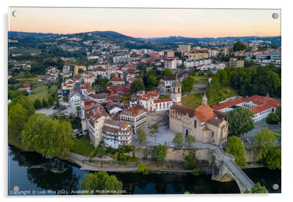 Amarante drone aerial view with beautiful church and bridge in Portugal at sunrise Acrylic by Luis Pina