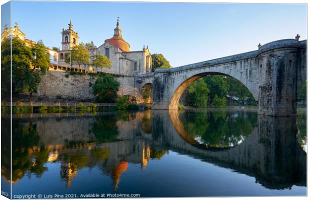 Amarante church view with Sao Goncalo bridge at sunset, in Portugal Canvas Print by Luis Pina