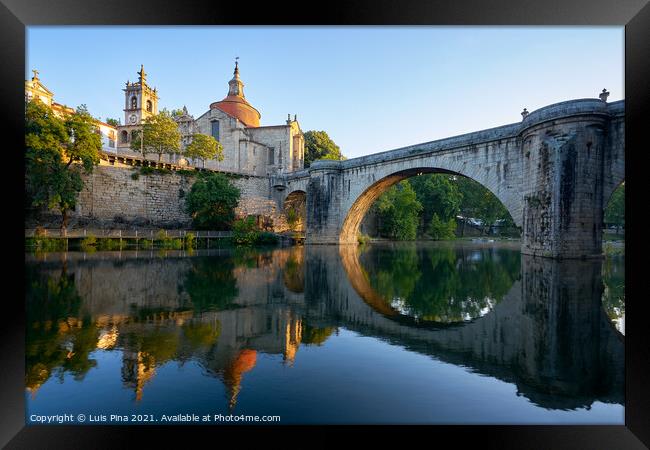 Amarante church view with Sao Goncalo bridge at sunset, in Portugal Framed Print by Luis Pina