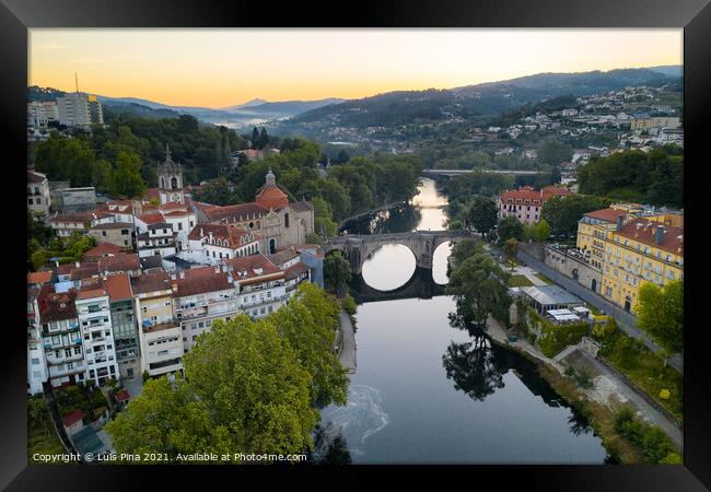 Amarante drone aerial view with beautiful church and bridge in Portugal at sunrise Framed Print by Luis Pina