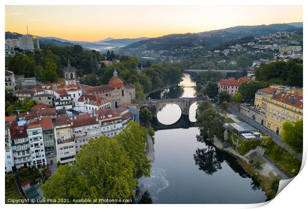 Amarante drone aerial view with beautiful church and bridge in Portugal at sunrise Print by Luis Pina