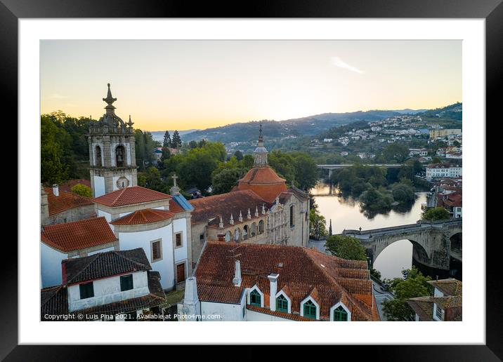 Amarante drone aerial view with beautiful church and bridge in Portugal at sunrise Framed Mounted Print by Luis Pina