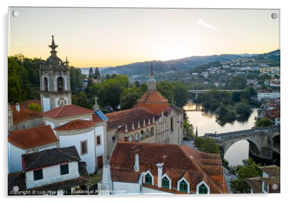 Amarante drone aerial view with beautiful church and bridge in Portugal at sunrise Acrylic by Luis Pina