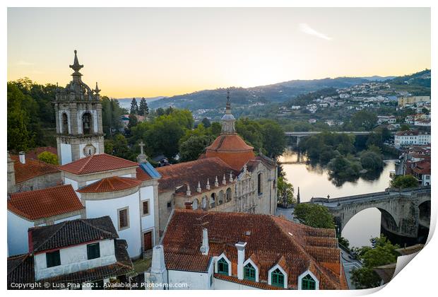 Amarante drone aerial view with beautiful church and bridge in Portugal at sunrise Print by Luis Pina