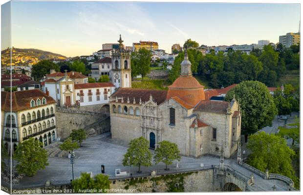 Amarante drone aerial view with beautiful church and bridge in Portugal at sunrise Canvas Print by Luis Pina