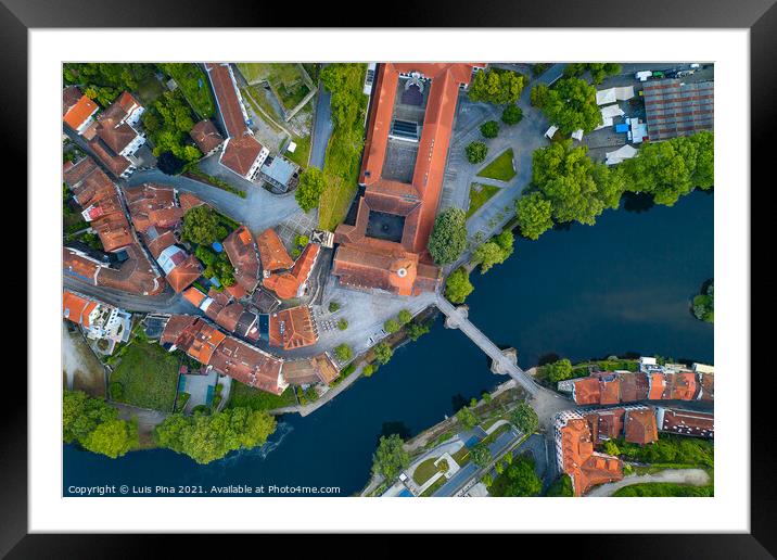 Amarante drone aerial top view with beautiful church and bridge in Portugal at sunrise Framed Mounted Print by Luis Pina