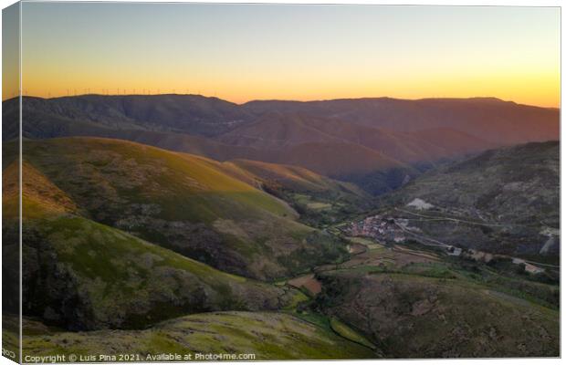 Serra da Freita drone aerial view in Arouca Geopark road with wind turbines at sunset, in Portugal Canvas Print by Luis Pina