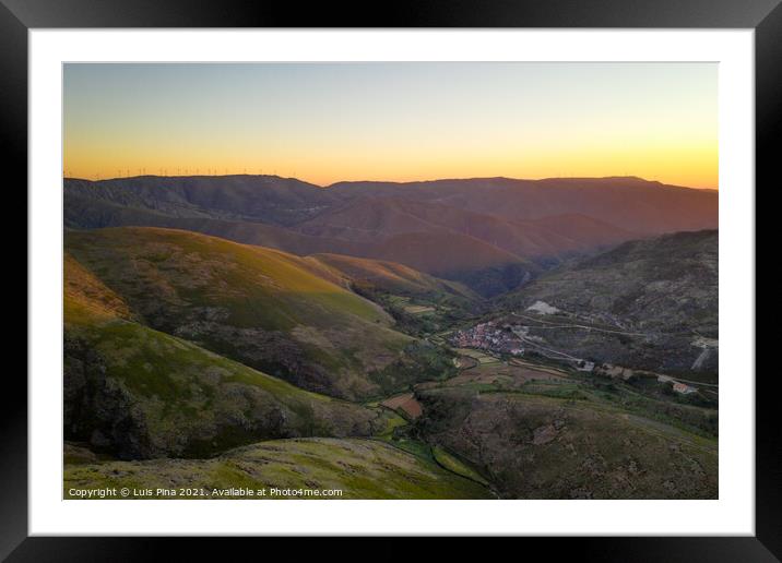 Serra da Freita drone aerial view in Arouca Geopark road with wind turbines at sunset, in Portugal Framed Mounted Print by Luis Pina