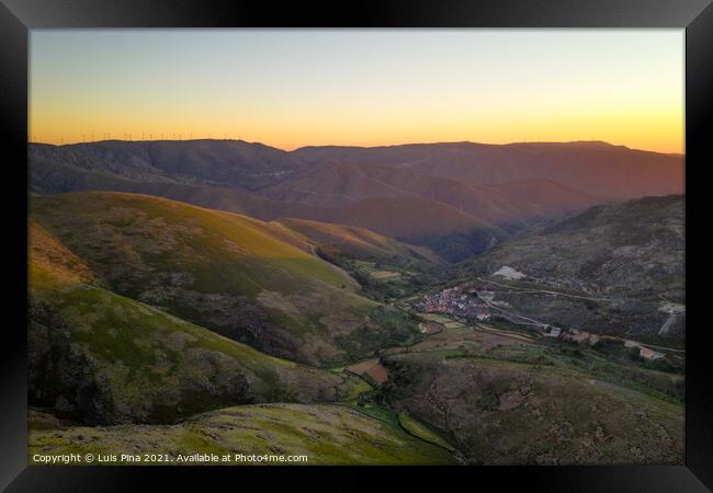 Serra da Freita drone aerial view in Arouca Geopark road with wind turbines at sunset, in Portugal Framed Print by Luis Pina