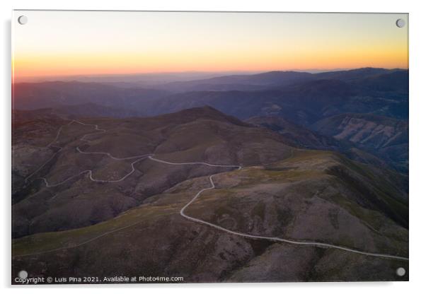 Serra da Freita drone aerial view in Arouca Geopark road with wind turbines at sunset, in Portugal Acrylic by Luis Pina