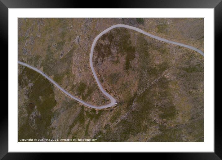 Serra da Freita drone aerial top view in Arouca Geopark road at sunset, in Portugal Framed Mounted Print by Luis Pina