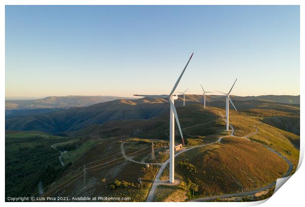Wind turbines drone aerial view renewable energy on the middle of Serra da Freita Arouca Geopark, in Portugal Print by Luis Pina