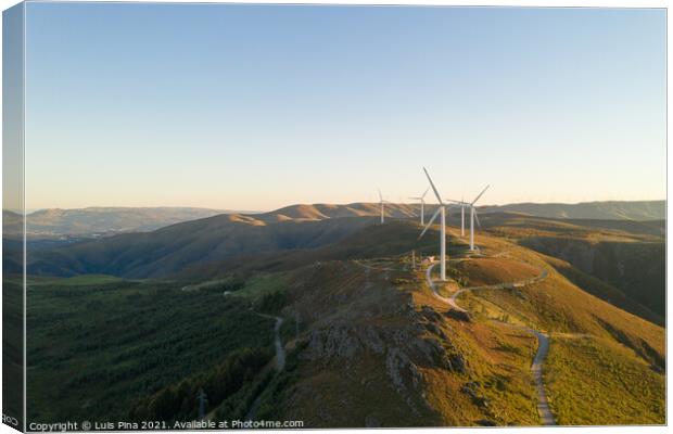 Wind turbines drone aerial view renewable energy on the middle of Serra da Freita Arouca Geopark, in Portugal Canvas Print by Luis Pina