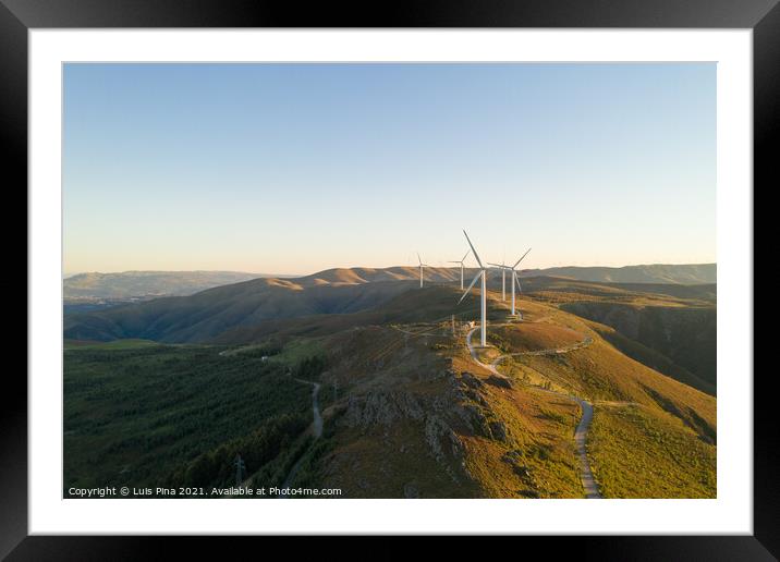Wind turbines drone aerial view renewable energy on the middle of Serra da Freita Arouca Geopark, in Portugal Framed Mounted Print by Luis Pina