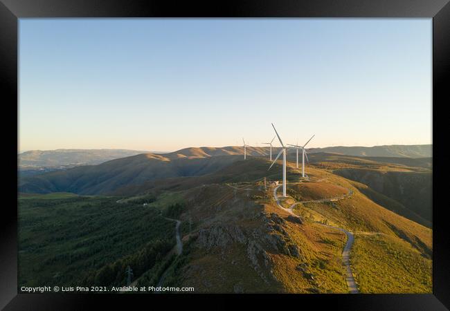 Wind turbines drone aerial view renewable energy on the middle of Serra da Freita Arouca Geopark, in Portugal Framed Print by Luis Pina