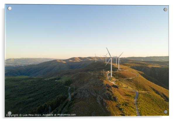 Wind turbines drone aerial view renewable energy on the middle of Serra da Freita Arouca Geopark, in Portugal Acrylic by Luis Pina