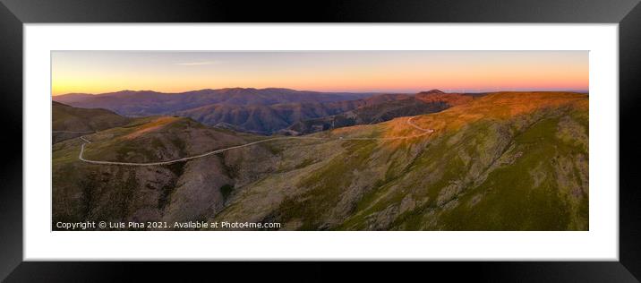Serra da Freita drone aerial panorama view in Arouca Geopark road with wind turbines at sunset, in Portugal Framed Mounted Print by Luis Pina