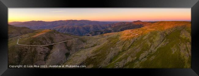 Serra da Freita drone aerial panorama view in Arouca Geopark road with wind turbines at sunset, in Portugal Framed Print by Luis Pina