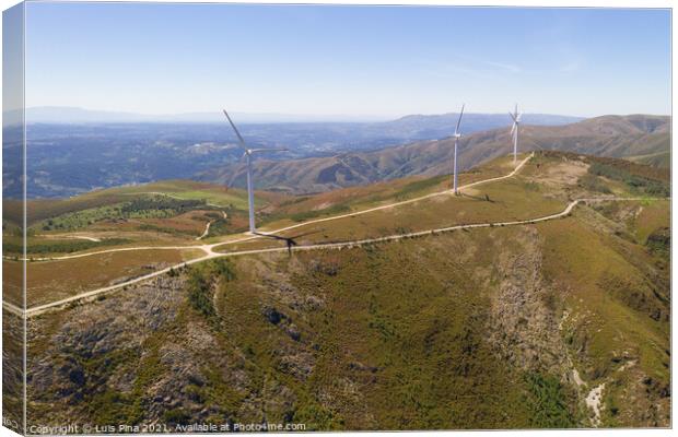 Wind turbines drone aerial view renewable energy on the middle of Serra da Freita Arouca Geopark, in Portugal Canvas Print by Luis Pina