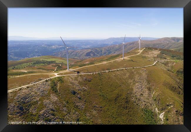 Wind turbines drone aerial view renewable energy on the middle of Serra da Freita Arouca Geopark, in Portugal Framed Print by Luis Pina