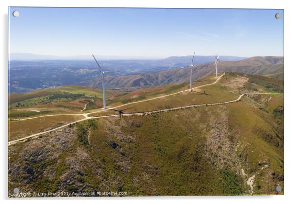 Wind turbines drone aerial view renewable energy on the middle of Serra da Freita Arouca Geopark, in Portugal Acrylic by Luis Pina
