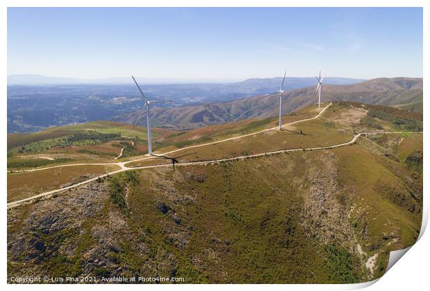 Wind turbines drone aerial view renewable energy on the middle of Serra da Freita Arouca Geopark, in Portugal Print by Luis Pina