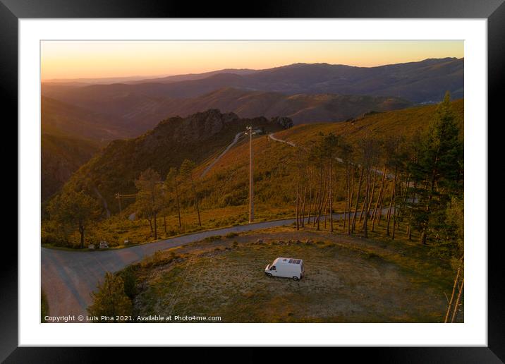 Serra da Freita drone aerial view of a camper van in Arouca Geopark at sunset, in Portugal Framed Mounted Print by Luis Pina