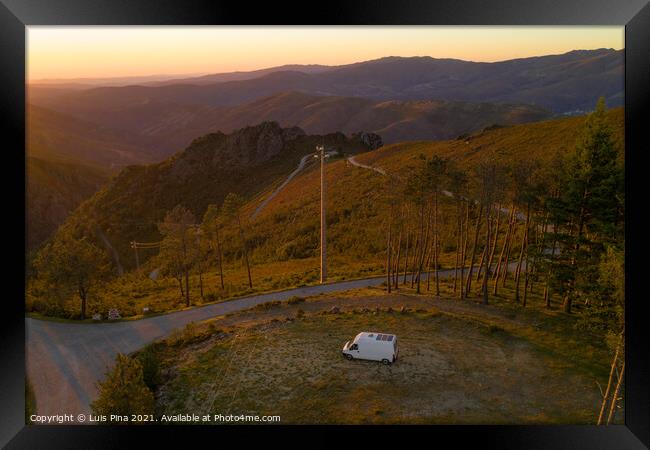 Serra da Freita drone aerial view of a camper van in Arouca Geopark at sunset, in Portugal Framed Print by Luis Pina