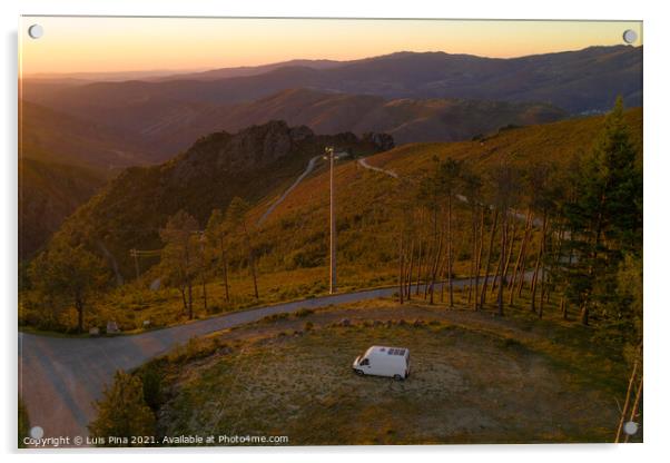 Serra da Freita drone aerial view of a camper van in Arouca Geopark at sunset, in Portugal Acrylic by Luis Pina