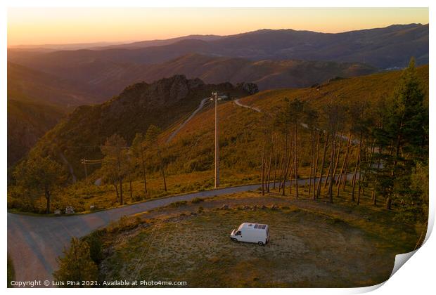 Serra da Freita drone aerial view of a camper van in Arouca Geopark at sunset, in Portugal Print by Luis Pina
