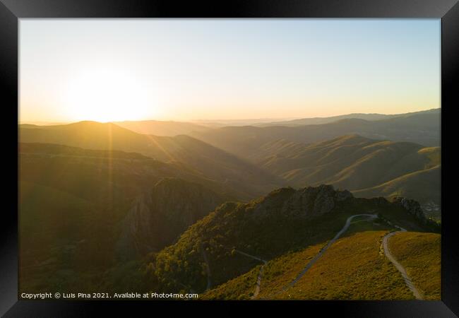 Serra da Freita drone aerial view in Arouca Geopark road at sunset, in Portugal Framed Print by Luis Pina