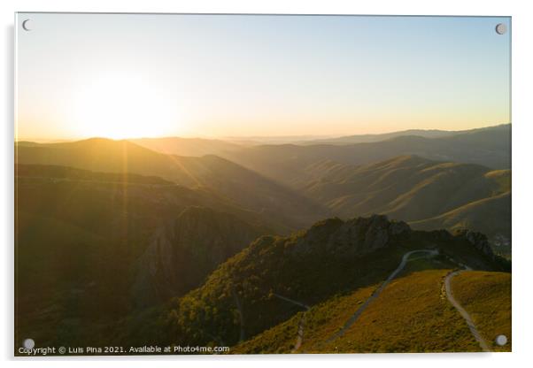 Serra da Freita drone aerial view in Arouca Geopark road at sunset, in Portugal Acrylic by Luis Pina